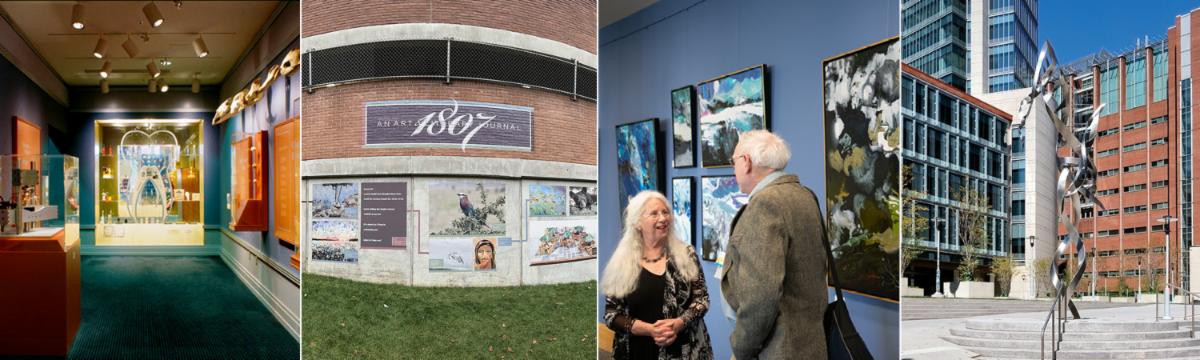 Photo collage of art on UMB's campus