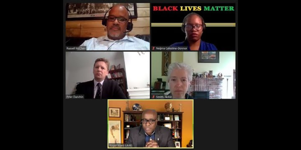 A Zoom call with five people.