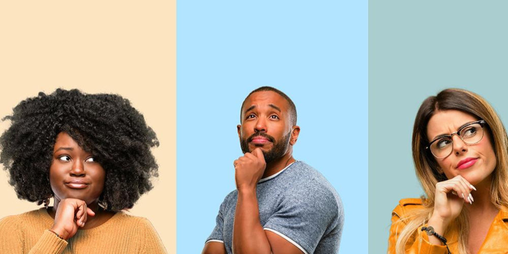Headshots of three people with thinking poses
