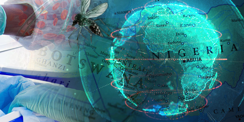 A collage of images including a digital globe, hands in medical gloves, and a mosquito.