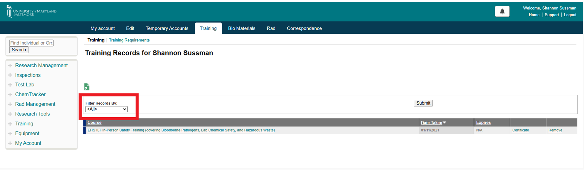Image showing where to filter records in the SciShield system