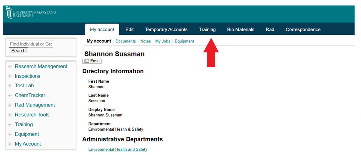 Image showing the training tab location in the SciShield system