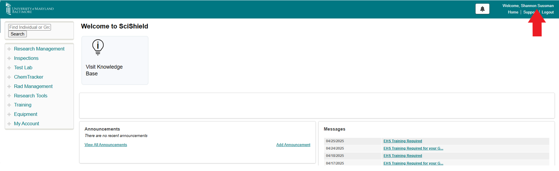 Image showing where a person can access their personal profile in the SciShield System