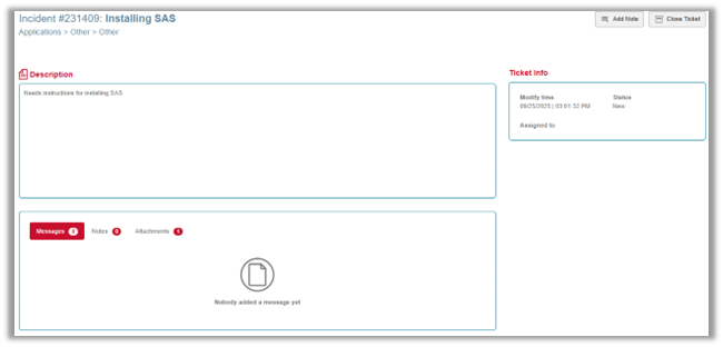 Screen shot of a ticket in the SysAid Self-Service Portal.