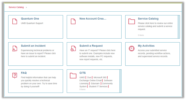 Screen shot of the Service Catalog section in the SysAid Self-Service Portal
