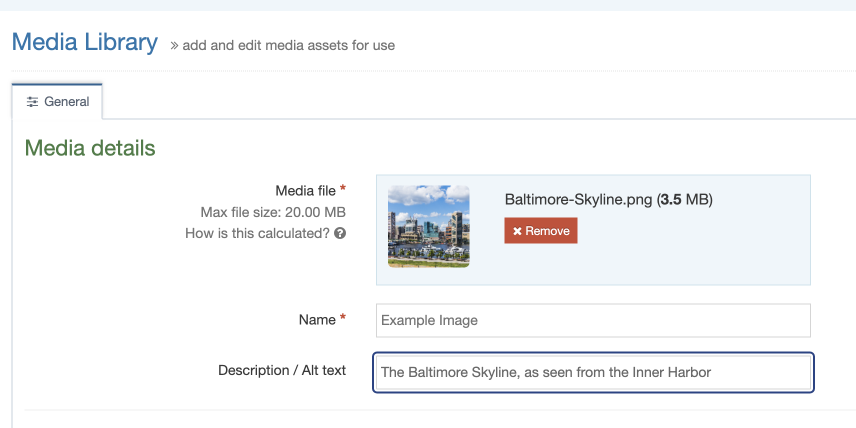 A screenshot showing the Description field, where alternative text should be entered in the Media Library in T4