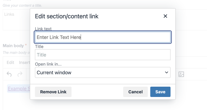A screenshot of the Edit section/content link popup