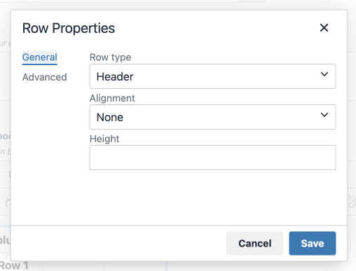 A screenshot of the Row Properties modal window, including an option for Row type