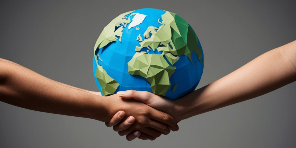 Shaking hands holding up a globe