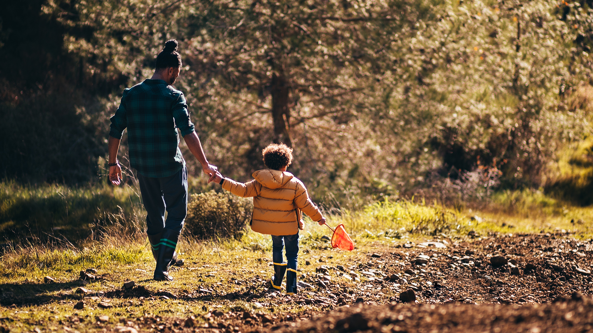 A father holding young son's hand as they walk in the woods