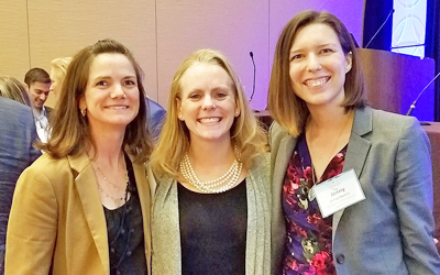 Jenny Owens, ScD, MS, right, presented at the Expo on behalf of TrajectoryNext along with two other collaborators: Jen Meyer, chief executive officer of BetaMore; center, and Meghan Wahler, FastForward program manager at Johns Hopkins Technology Ventures.
