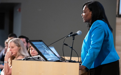 Yolanda Ogbolu, PhD, CRNP-Neonatal, FAAN,  director of the Office of Global Health of the University of Maryland School of Nursing, speaks at the UMB Global Summit.