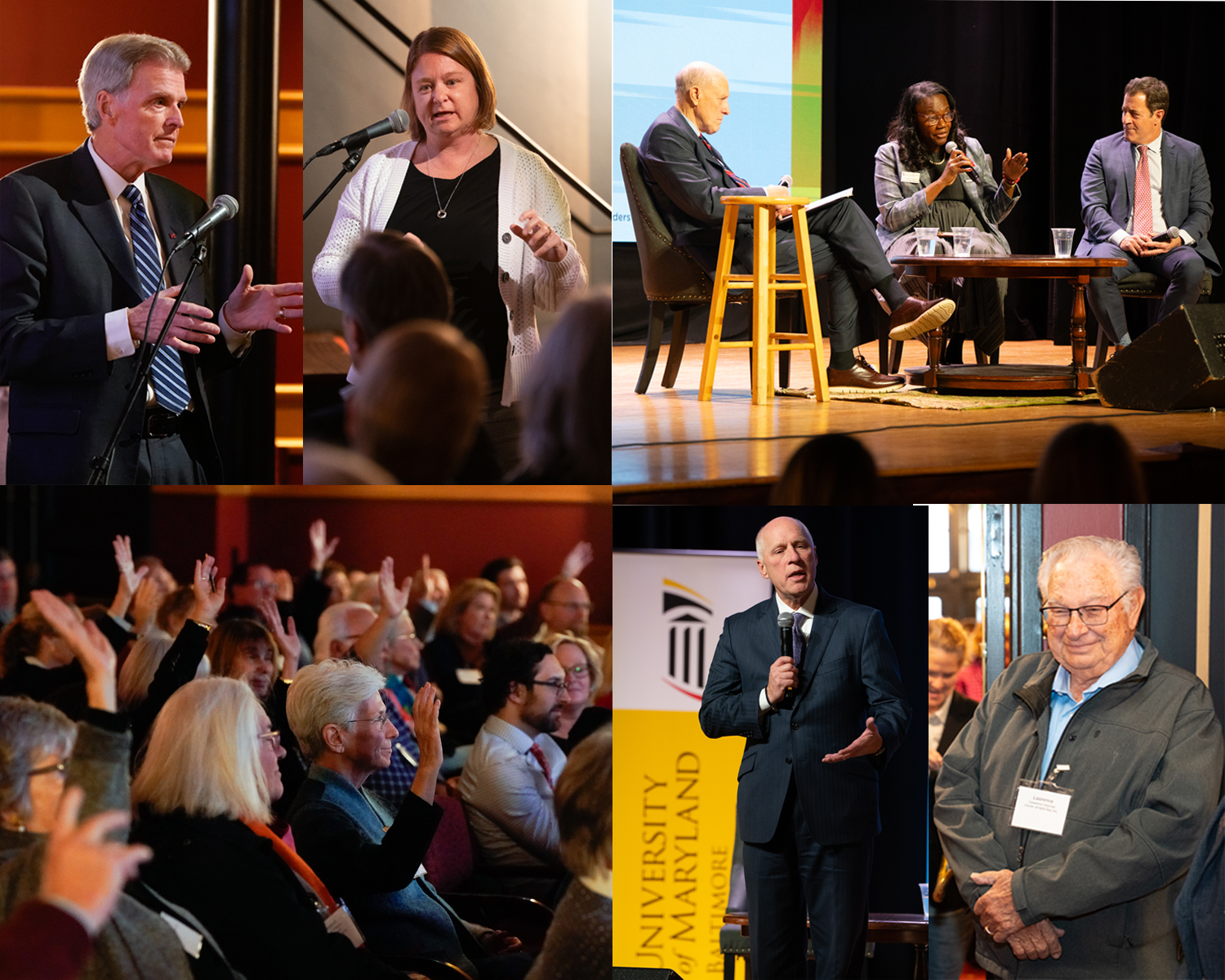 (clockwise from upper left) Mark Reynolds and Megan Ehret; Bruce Jarrell with Yolanda Ogbolu and Mark Gladwin; Lawrence Hayman and Kenneth Kozel; and the audience