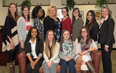 University of Maryland School of Nursing Dean Jane M. Kirschling, PhD, RN, FAAN (back row, far right,) stands with Conway Scholars who have benefited from the generous donations of Bill and Joanne Conway.