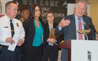 Police Commissioner Kevin Davis, State's Attorney Marilyn Mosby, Criminal Justice Coordinating Council Executve Director Kim Barranco and Maryland Carey Law Professor Doug Colbert (l-r) all spoke at the news conference announcing the start of the FTA Warrant Second Chance Program.
