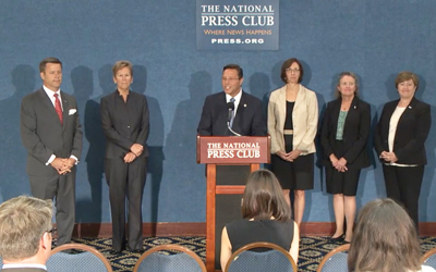  Representatives of nursing and veterans groups, including Jane M. Kirschling, PhD, RN, FAAN, dean of the School of Nursing, second from right, join to advocate for direct access for veterans to advanced practice registered nurses. 