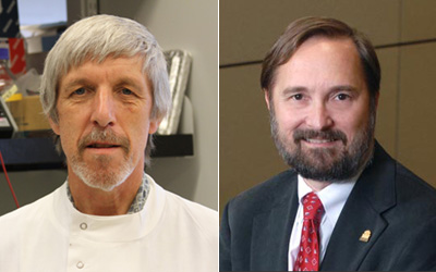 Patrik C, PhD, professor and chair of the department of Microbial Pathogenesis at UMSOD, left, and James B. Kaper, PhD, professor and chair in the department of Microbiology and Immunology at UMSOM.