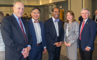 Bruce Jarrell, Wallace Loh, E. Albert Reece, Mary Ann Rankin and Patrick O'Shea spoke at the 2015 joint Research and Innovation Seed Grant program reception.