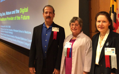 Eliot Siegel, MD, FACR, FSIIM, of the School of Medicine; left; Judy Ozbolt, PhD, RN, FAAN, FACMI, FAIMBE, and Mary Etta Mills, ScD, RN, NEA-BC, FAAN, CNE-BC, of the School of Nursing during SINI 2015.