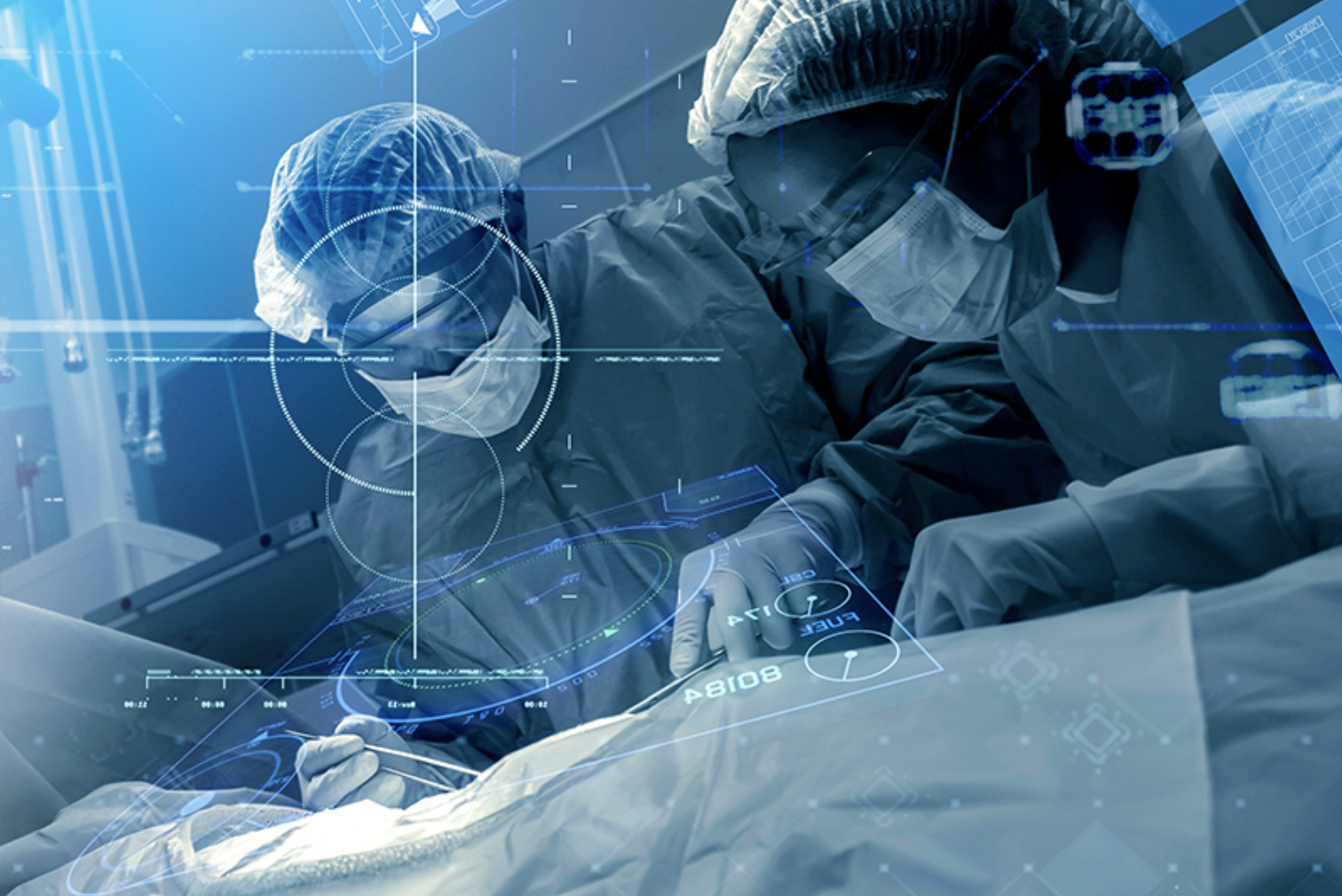 Graphic shows surgeons using AI in the operating room.