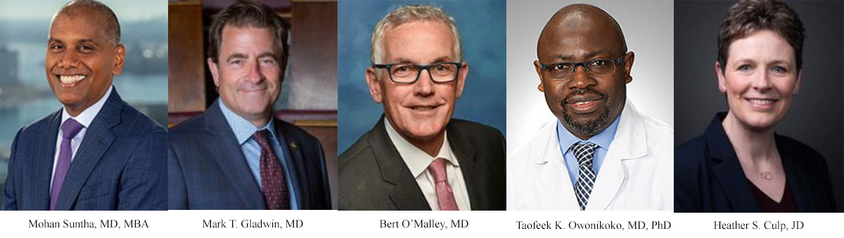 (left to right) Mohan Suntha, MD, MBA; Mark T. Gladwin, MD; Bert O'Malley, MD; Taofeek K. Owonikoko, MD, PhD; Heather S. Culp, JD