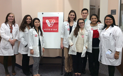 Students and faculty at the University of Maryland School of Pharmacy were on the planning committee for a Vote & Vax clinic held on Election Day in Rockville, Md.