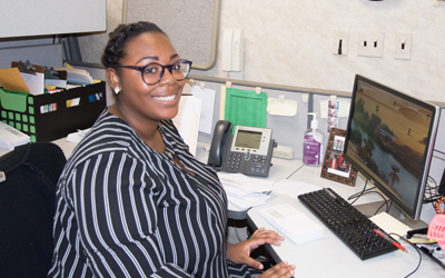 Shakiara Seals, office clerk in UMB’s Department of Environmental Health and Safety 