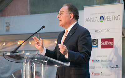 UMB President Jay A. Perman, MD addresses the annual meeting of the Downtown Partnership of Baltimore as its board chair on Sept. 24, 2015.