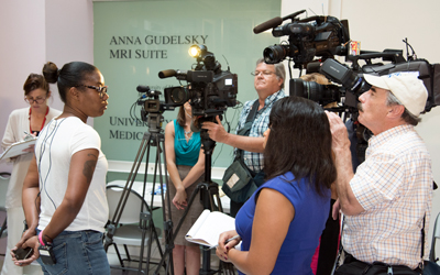 The mother of Lamont Roberson addresses media at a blood drive held in her son's honor on August 17, 2016.