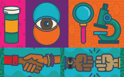 Colorful illustrations including aa medicine bottle, a microscope, a watchful eye, a handshake, and a fist bump