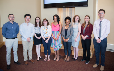 From left, Mustafa Al-Adhami (UMBC),Yuhan (Douglas) Rao (UMCP), Deborah Stiffler (USUHS),  Caroline Vissers (JHU), Valerie Rennoll (JHU), Britney Hardy (USUHS), Omni Cassidy (USUHS), Caroline Vissers (JHU), and
Alex M. Rittle (UMBC).



