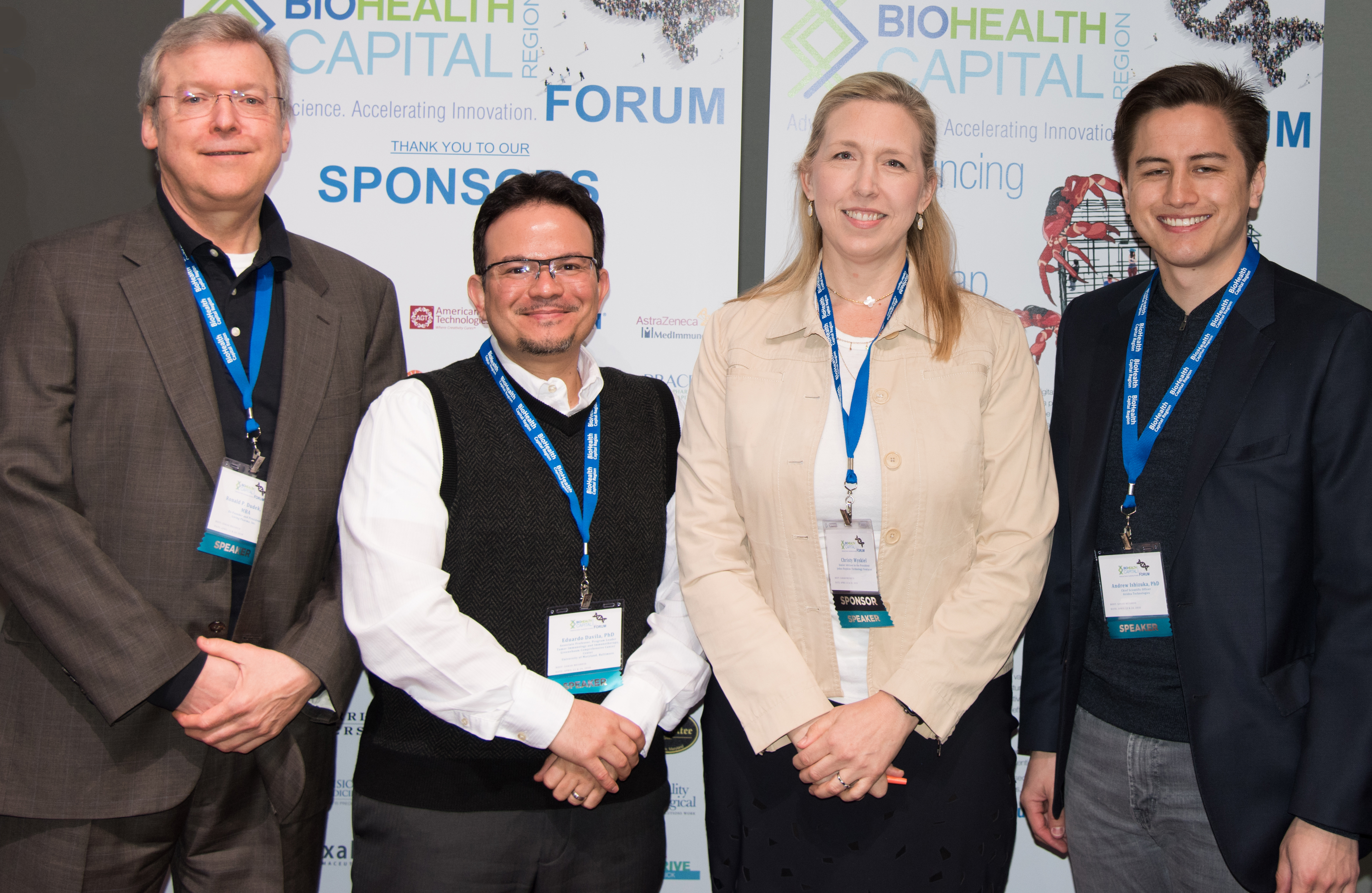 (Left to right) Ron Dudek, MBA, co-founder, Living Pharma, Inc.; Eduardo Davila, PhD, associate professor of microbiology and immunology, University of Maryland School of Medicine, and co-founder, Living Pharma; Christy Wyskiel, MBA, senior advisor to the president, Johns Hopkins Technology Ventures; and Andrew Ishizuka, PhD, chief scientific officer, Avidea Technologies.



