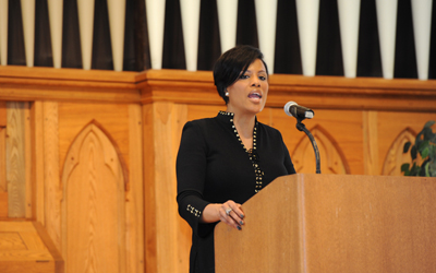 Mayor Stephanie Rawlings-Blake addressed the crowd at UMB's 2016 Women's History Month event.