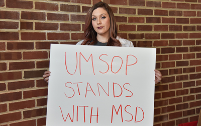 Allison Cowett, who graduated in 2011 from MSD High School in Florida, is a third-year UM School of Pharmacy student who led fellow students in advocating against gun violence. 
