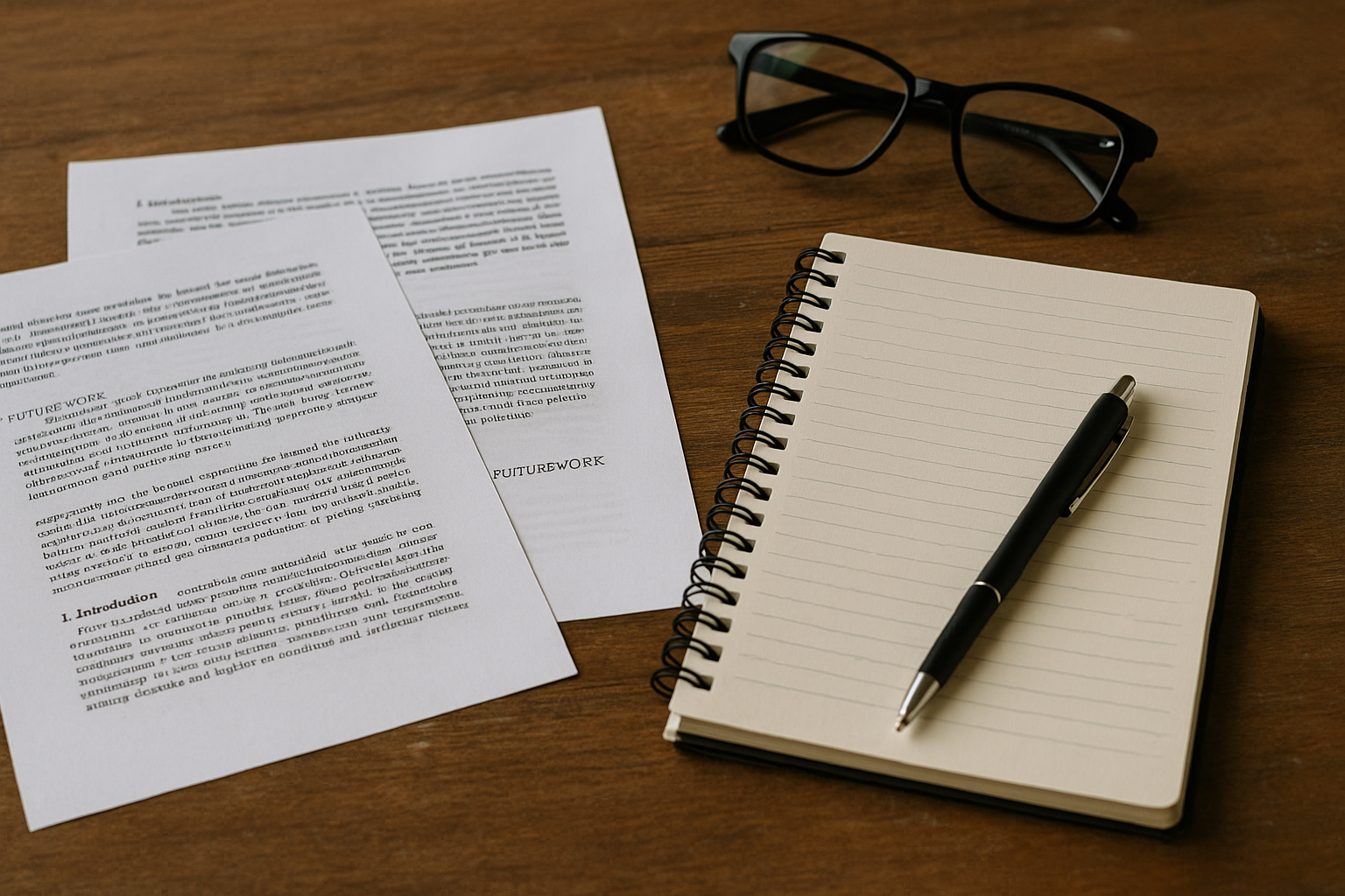 Photo of a wooden desk with papers, a notebook, a pen, and glasses—suggesting academic work and writing.