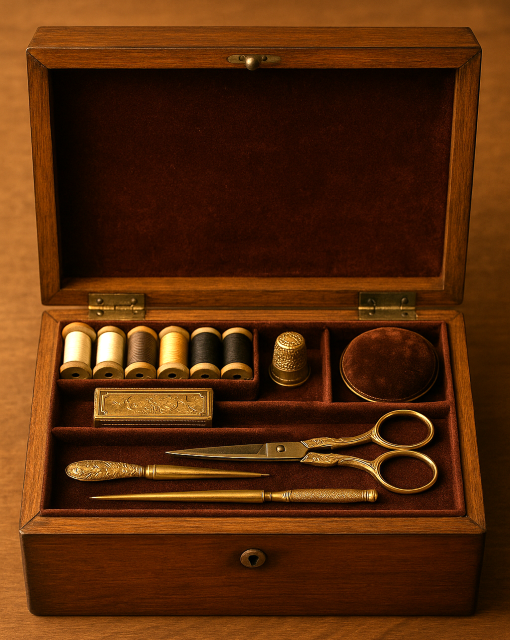 An open wooden sewing box with a velvet-lined interior, containing spools of thread, a thimble, small scissors, and other sewing tools neatly arranged.