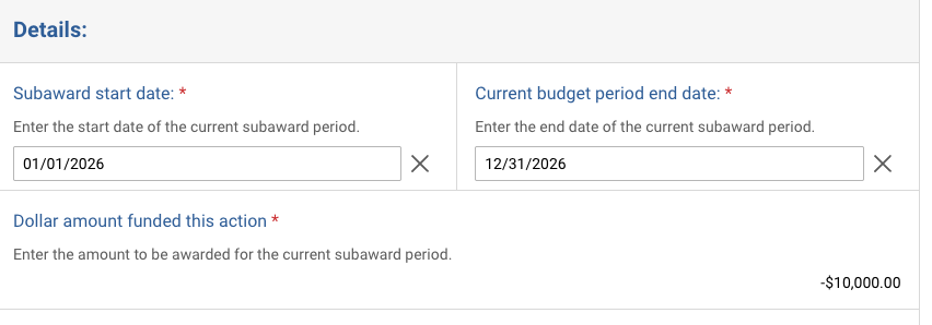 Screenshot from the Kuali Build Subaward Request showing the fields described in the web page.