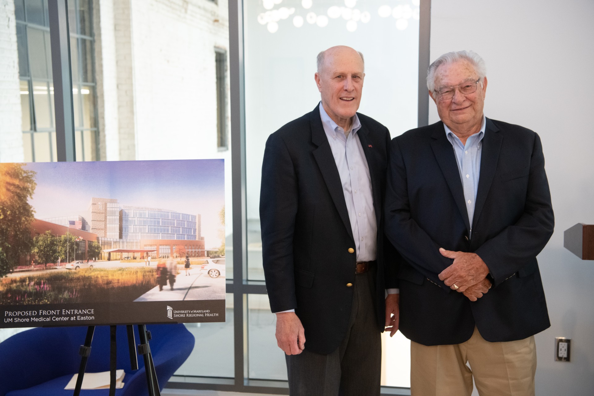 A transformational $18 million gift from Lawrence Hayman (right), in honor of his lifelong friendship with UMB President Bruce Jarrell (left), will support UMB’s work on the Eastern Shore. Hayman and Jarrell grew up together in the Dorchester County/Caroline County area and are committed to improving the health and well-being of Shore communities.