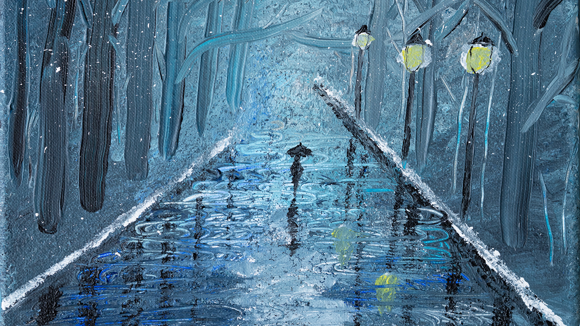 “A Walk in the Rain” is a painting by Jonathan Jeffries, MSN, RN, CCRN, a University of Maryland School of Nursing student. The painting  portrays a lone figure strolling beneath soft streetlights on a quiet, rain-kissed path. Cool blues and grays set a tranquil, reflective mood, while snow-dusted trees arch overhead like a gentle canopy.