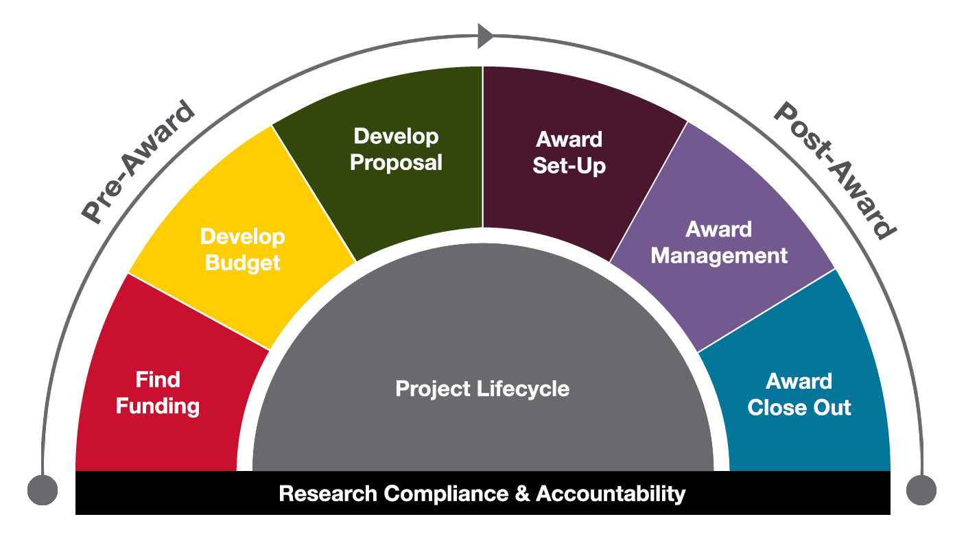 graphic of research lifecycle pre-award= find funding, develop proposal, submit proposal; post award = award set- up, award management, award close-out